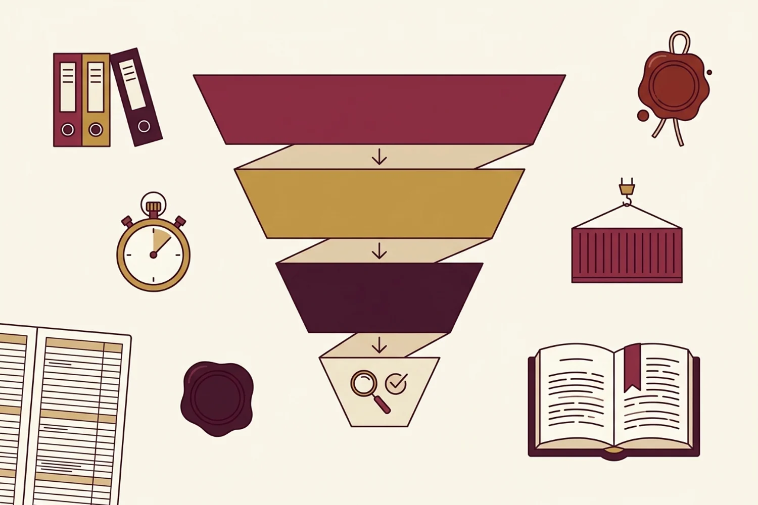 Diagram of the tariff classification funnel: four nested bands narrowing from Section at the top, to Chapter, to Heading, to Subheading at the bottom, where a magnifying glass marks the resolved classification