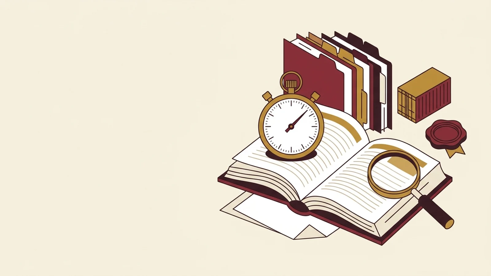 Illustration of an open reference book with a stopwatch resting on its pages, tabbed binder dividers, a shipping container, and a customs wax seal, evoking timed lookups in the tariff schedule and regulations