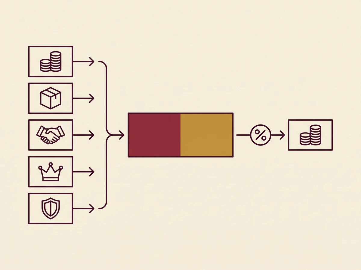 Diagram of five input blocks for price and the statutory additions flowing into one merged transaction value block, then through a duty-rate step into a final duty-amount block