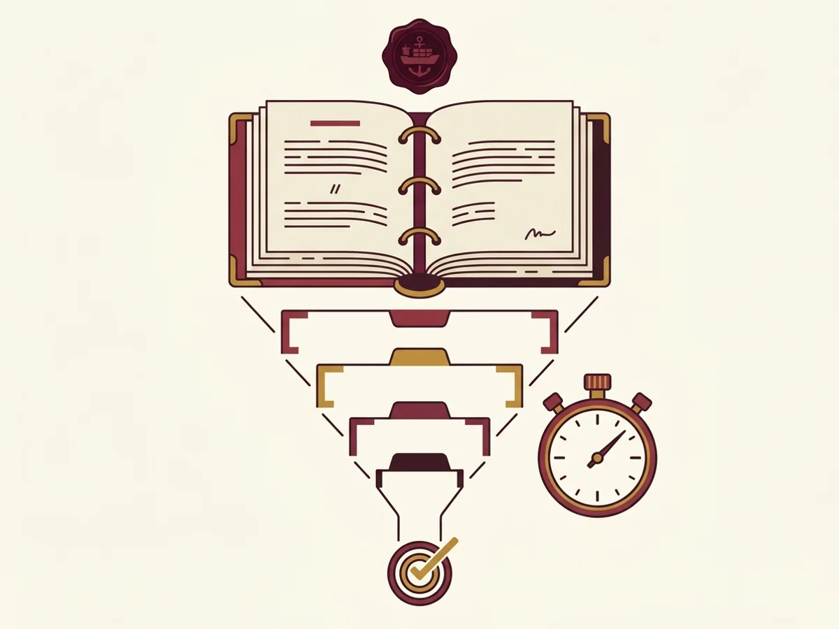 Diagram of an open reference book narrowing down through nested section, chapter, heading, and subheading brackets to a single target, with a stopwatch alongside timing the lookup